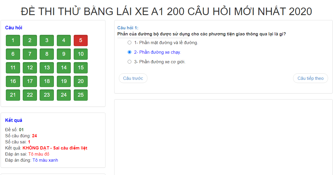 Trường hợp học viên làm đúng 24 câu khác, nhưng chỉ làm sai câu điểm liệt coi như là sai hoàn toàn